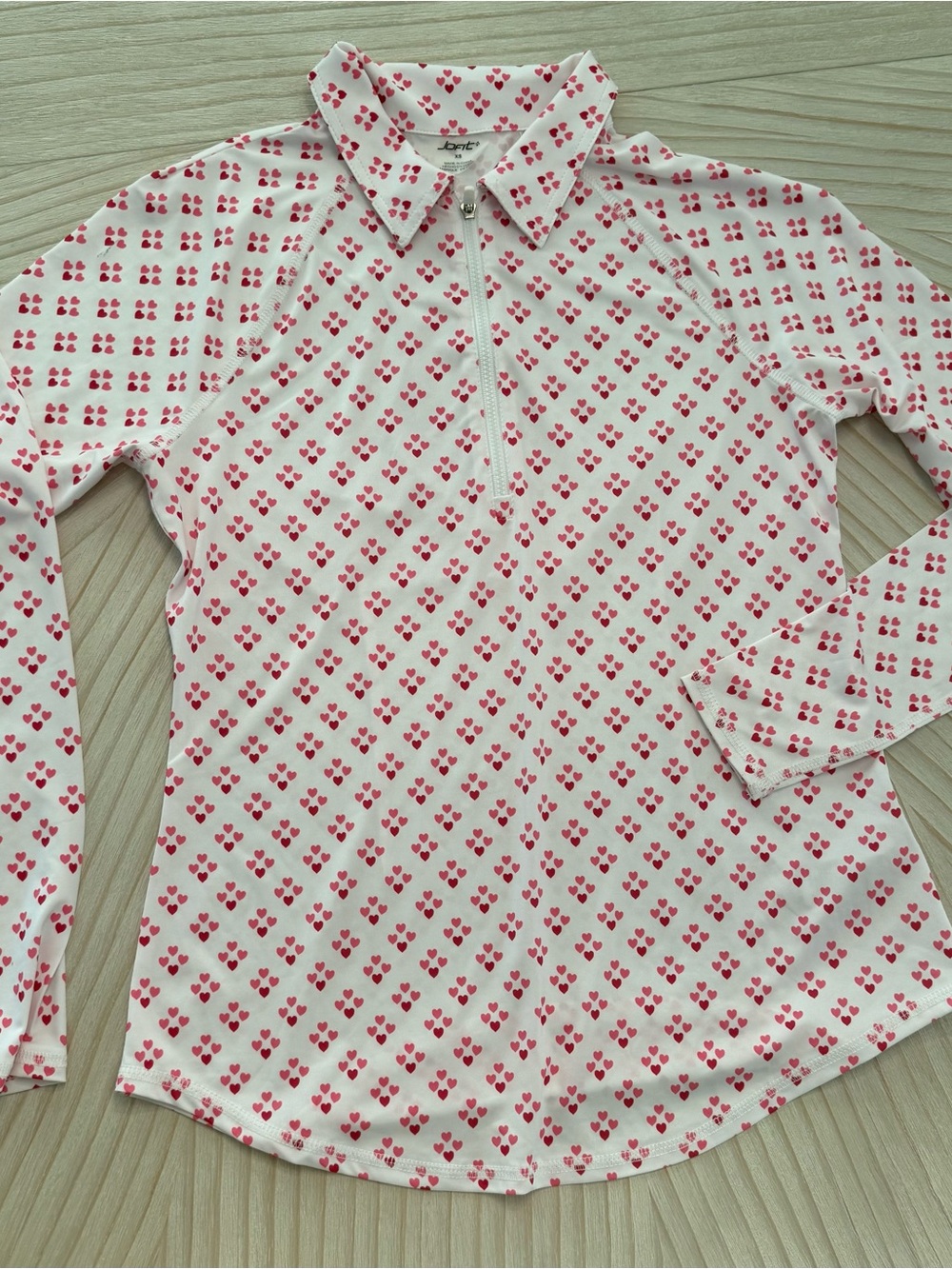 Jofit White Zip-Front Top with Pink and Red Heart Print